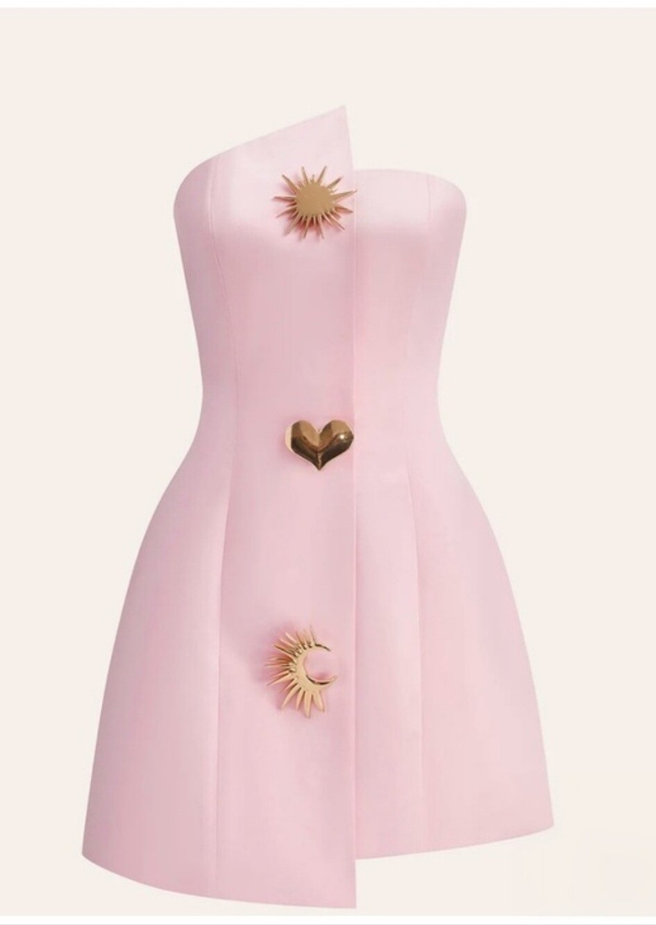 Commense Pink Strapless Mini Dress with Gold Celestial Embellishments